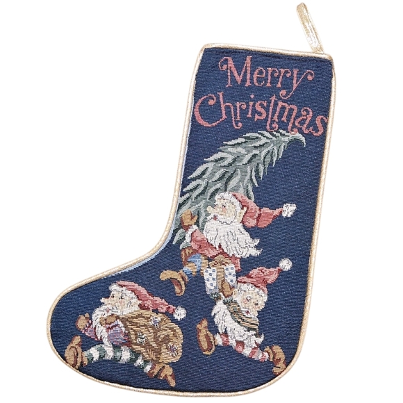 Vtg Needlepoint Christmas Stocking Santa Elves Tree Merry Christmas Gold Trim - Picture 1 of 5
